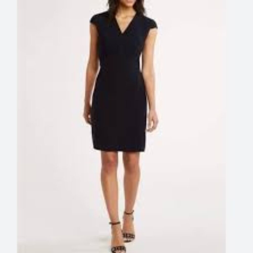 Elie Tahari V-Neck Cap-Sleeve Sheath Dress, Navy Size 6